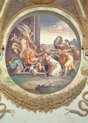 Szene, die zeigt, dass diejenigen, die unter dem Zeichen des Wassermanns in Verbindung mit dem Sternbild Aquila geboren sind, kriegerische Tugenden besitzen, symbolisiert durch eine Triumphszene, aus der Camera dei Venti